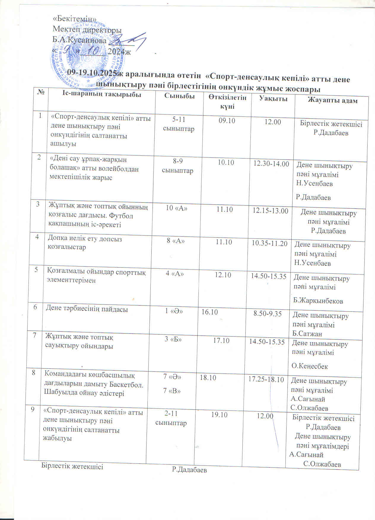 09-19 қазан аралығында "Спорт-денсаулық кепілі" атты дене шынықтыру пәні бірлестігі мұғалімдері онкүндігінің жұмыс жоспары